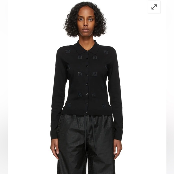 Fendi FF à Jour-Logo Collared Cotton Cardigan Sz 44 NWOT - Picture 1 of 15